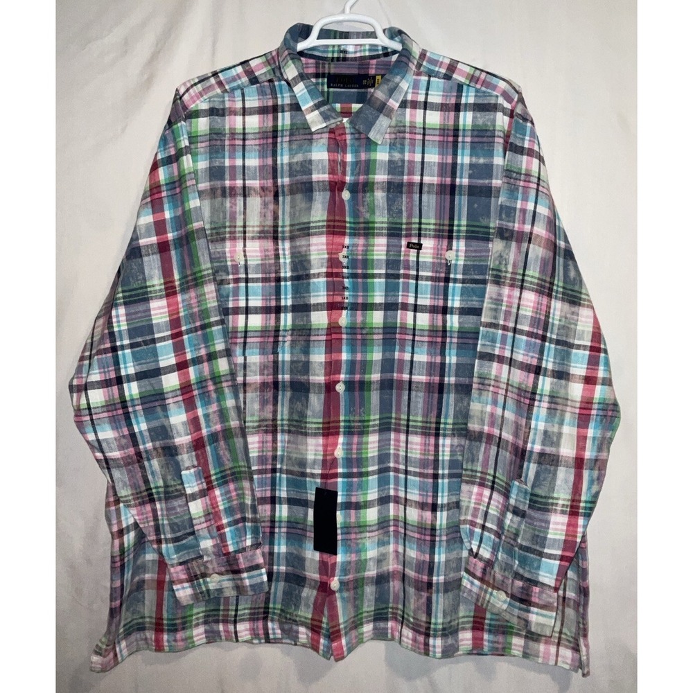 NWT Men's Polo Ralph‎ Lauren Cotton Slub Twill Work Shirt Blue / Pink Sz 3XB Big
